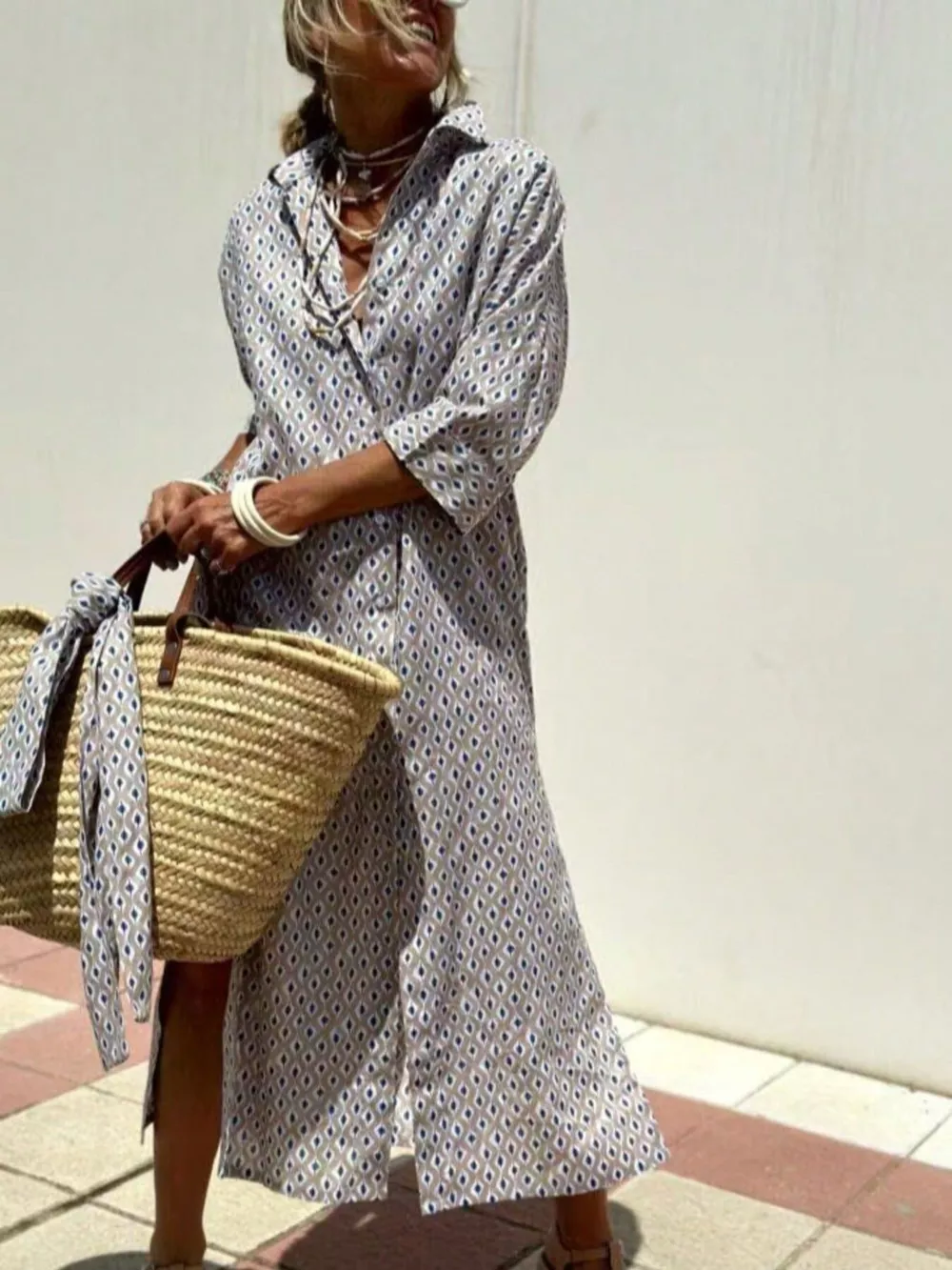 Full Size Printed Button-Down Midi Dress Plus Size, image 20