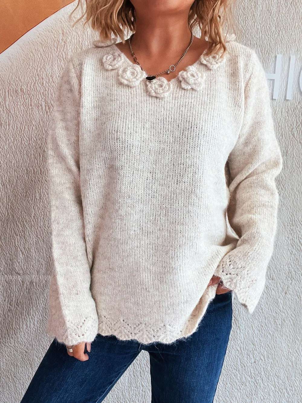 Flower V-Neck Long Sleeve Sweater, image 3