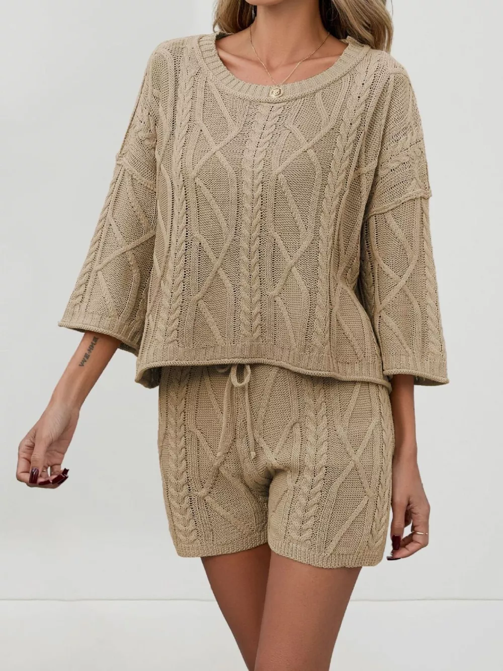Cable Knit Round Neck Top and Shorts Sweater Set, image 3