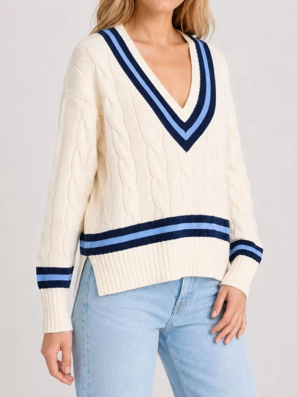 V-Neck Cable Knit Sweater with Contrast Striped Trim, image 4