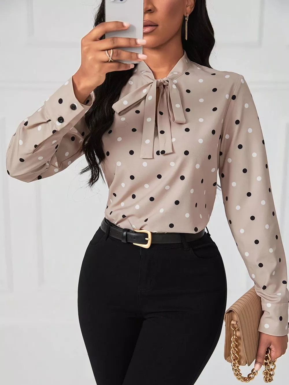 Polka Dot Tie Neck Blouse, image 3