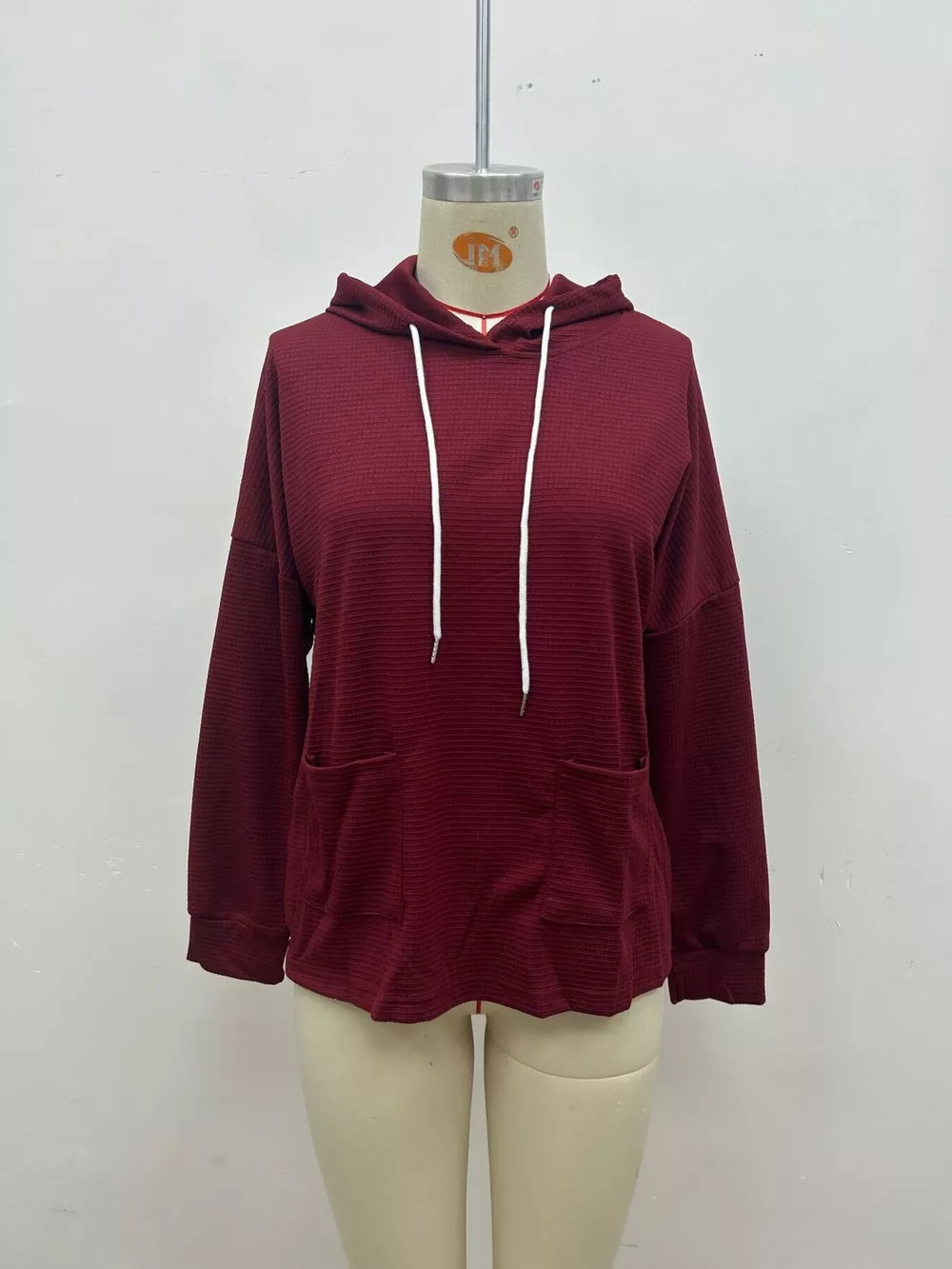 Full Size Waffle Knit Drawstring Long Sleeve Hoodie Plus Size, image 11
