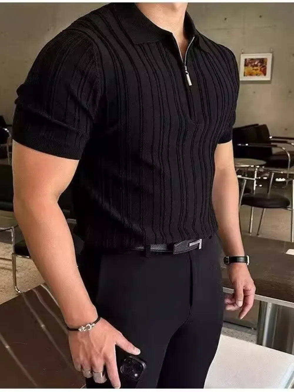 Men's Full Size Slim Fit Zip Collar Short Sleeve Polo Plus Size, image 2
