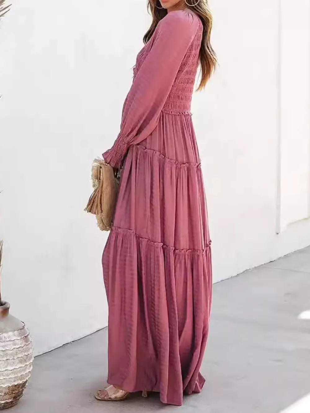 V-Neck Long Sleeve Tiered Maxi Dress, image 8