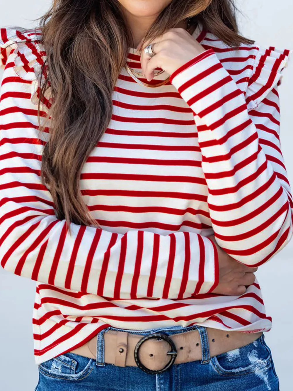 Stripe Round Neck Ruffle Trim Long Sleeve Top, image 7