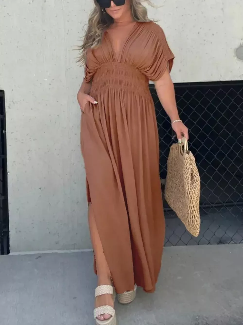 Full Size Slit V-Neck Smocked Waist Maxi Dress Plus Size, image 27