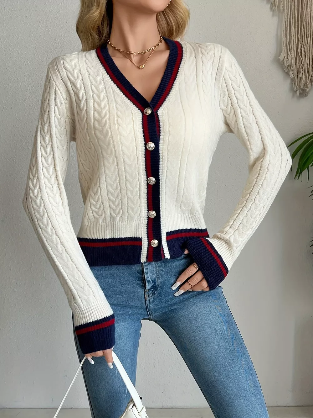Contrast Trim Cable Knit Cardigan