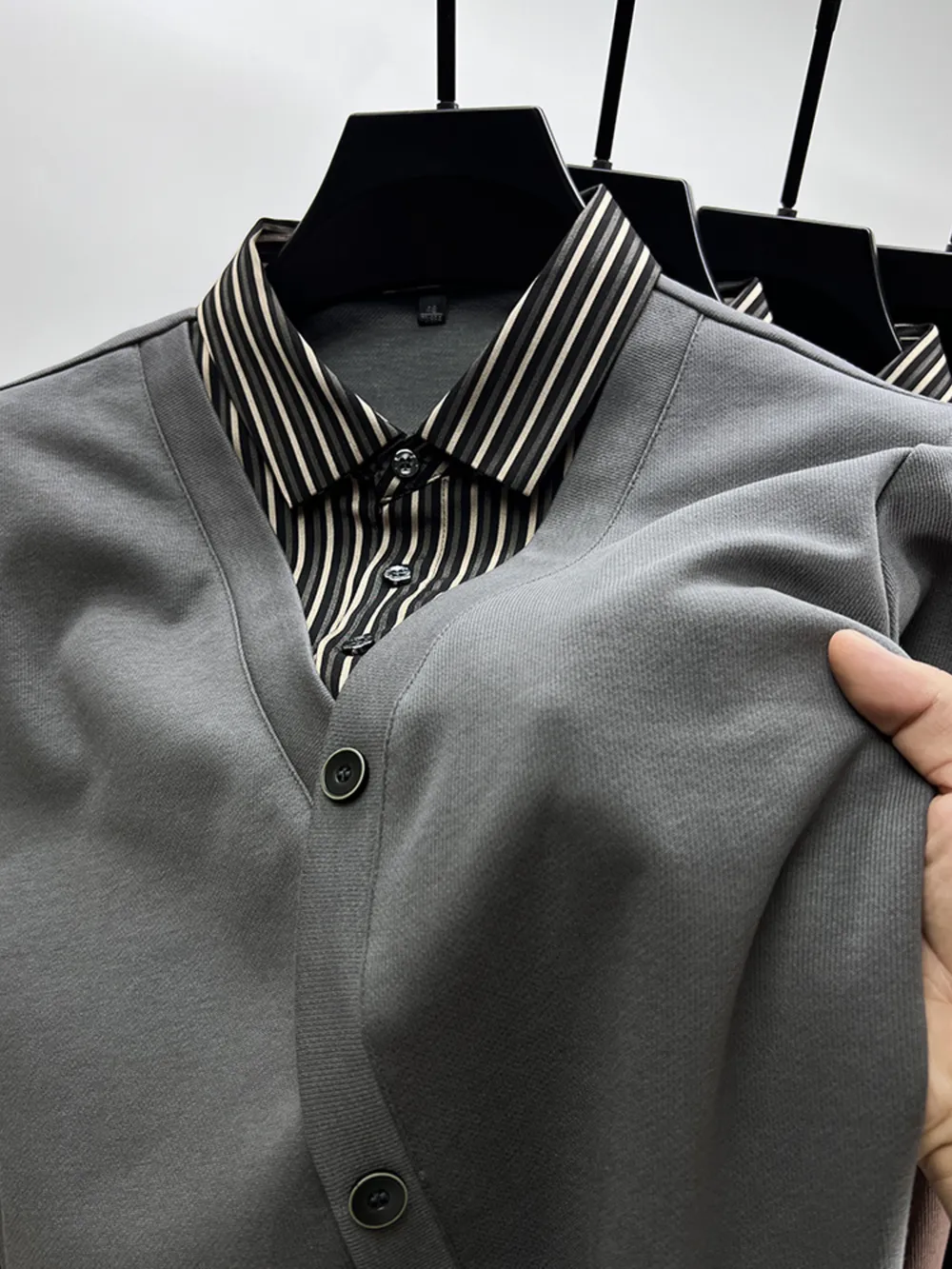 Men's Plus Size Striped Collar Detail Long Sleeve Top, image 4