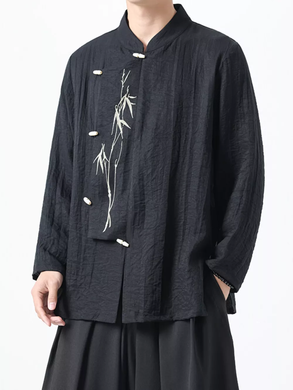 Men's Plus Size Chinese Style Embroidered Bamboo Linen Shirt, image 2