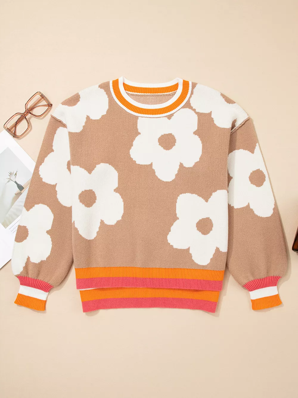 Flower Pattern Contrast Striped Baggy Sweater, image 8