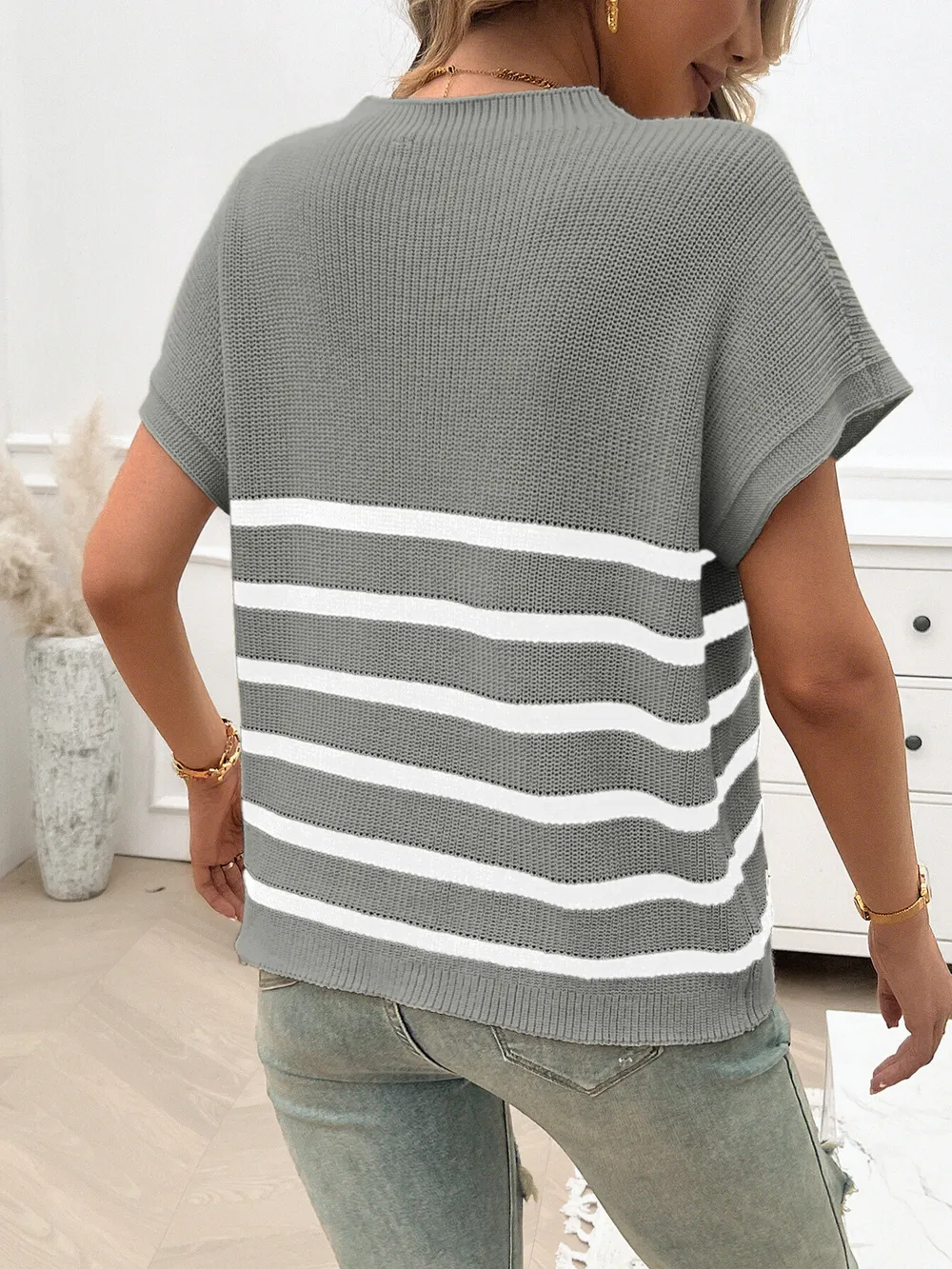 Striped Round Neck Short Sleeve Sweater, image 4