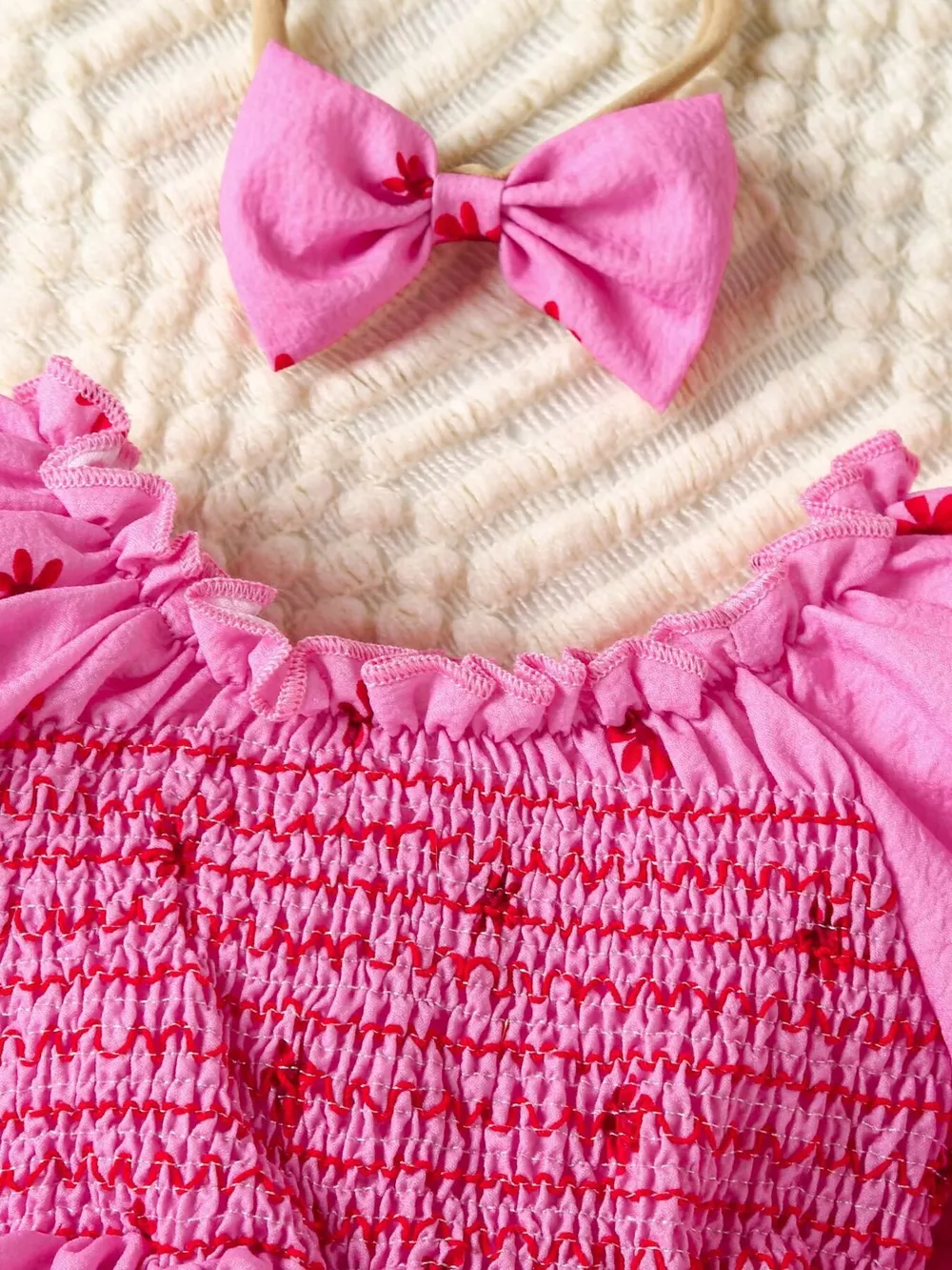 Children's Smocked Floral Print Baby Dress Set with Headband, image 2