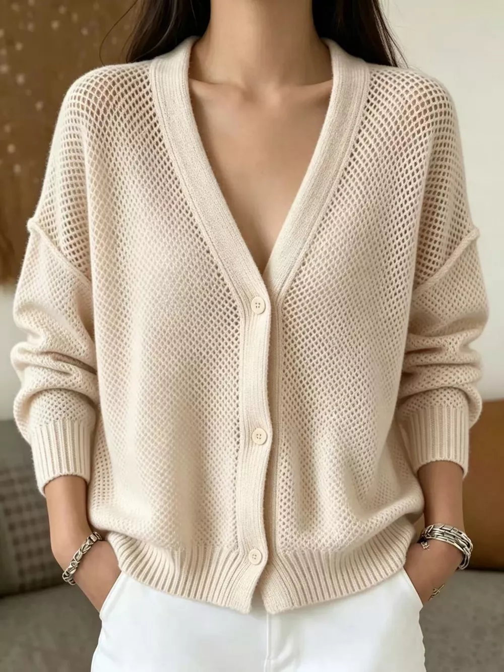 V-Neck Open-Knit Button-Down Cardigan, image 7