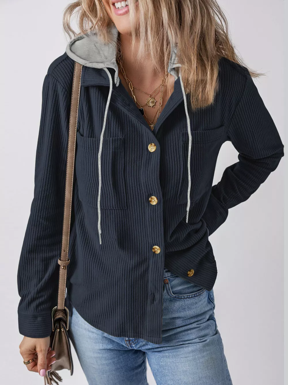 Plus Size Casual Corduroy Button-Down Hooded Jacket, image 13