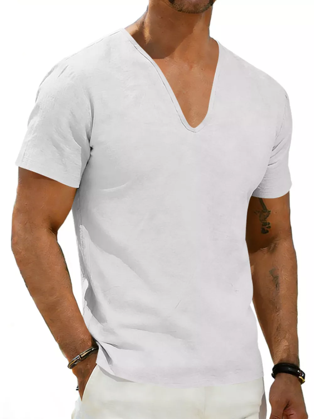 Men's Full Size Casual V-Neck Linen T-Shirt Plus Size, image 8