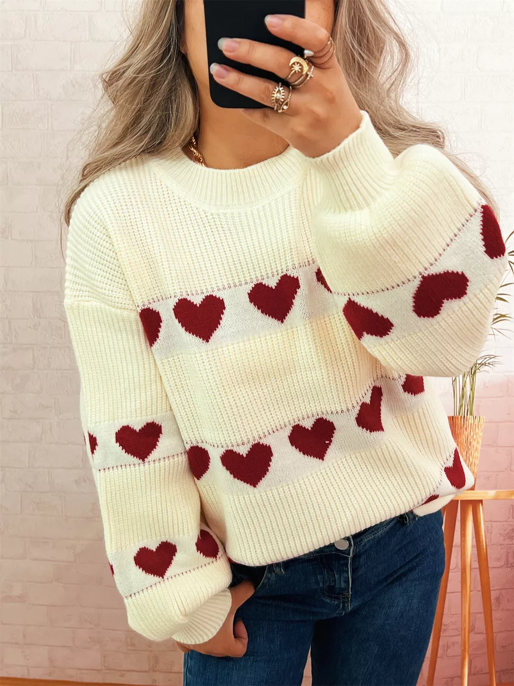 Heart Pattern Dropped Shoulder Sweater, image 5