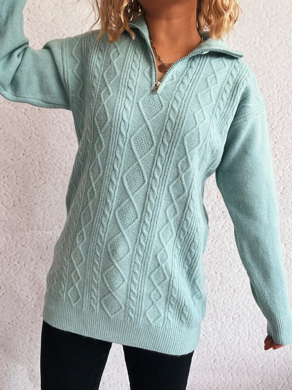 Texture Zip Collar Long Sleeve Sweater, image 3