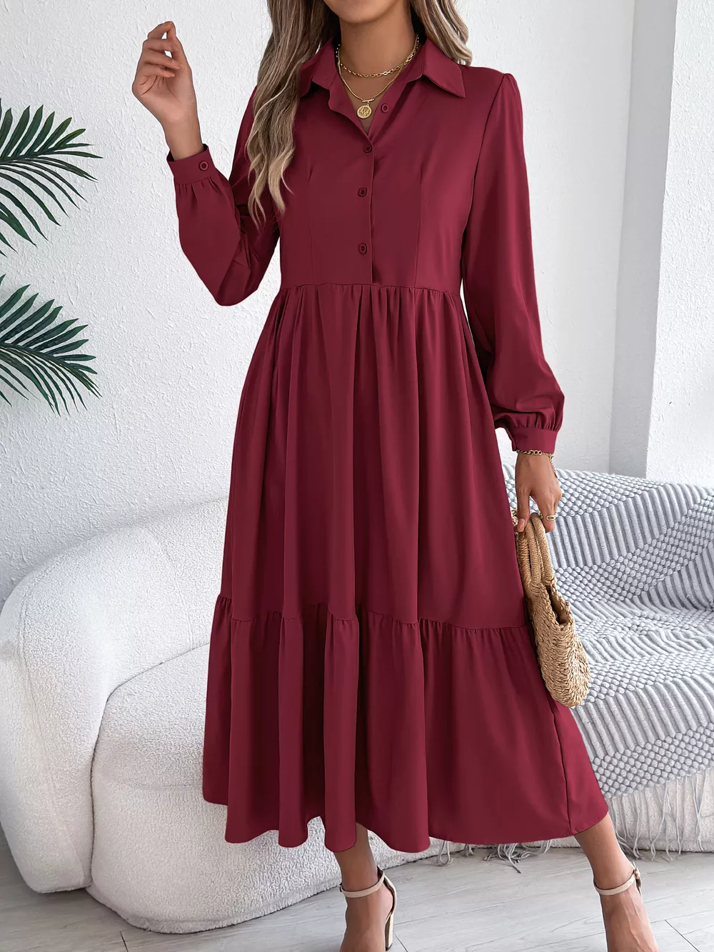 Long Sleeve Tiered Button Front Midi Dress, image 25