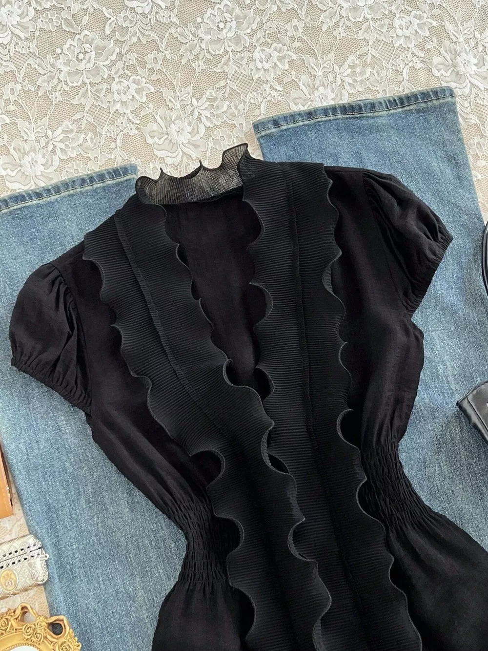 Ruffled V-Neck Blouse with Smocked Waist, image 2