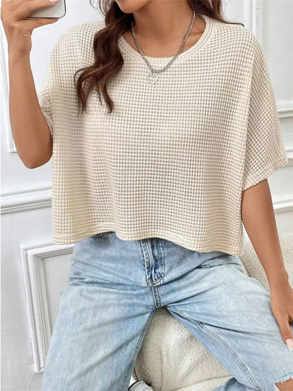 Waffle Knit Cropped T-Shirt, image 4