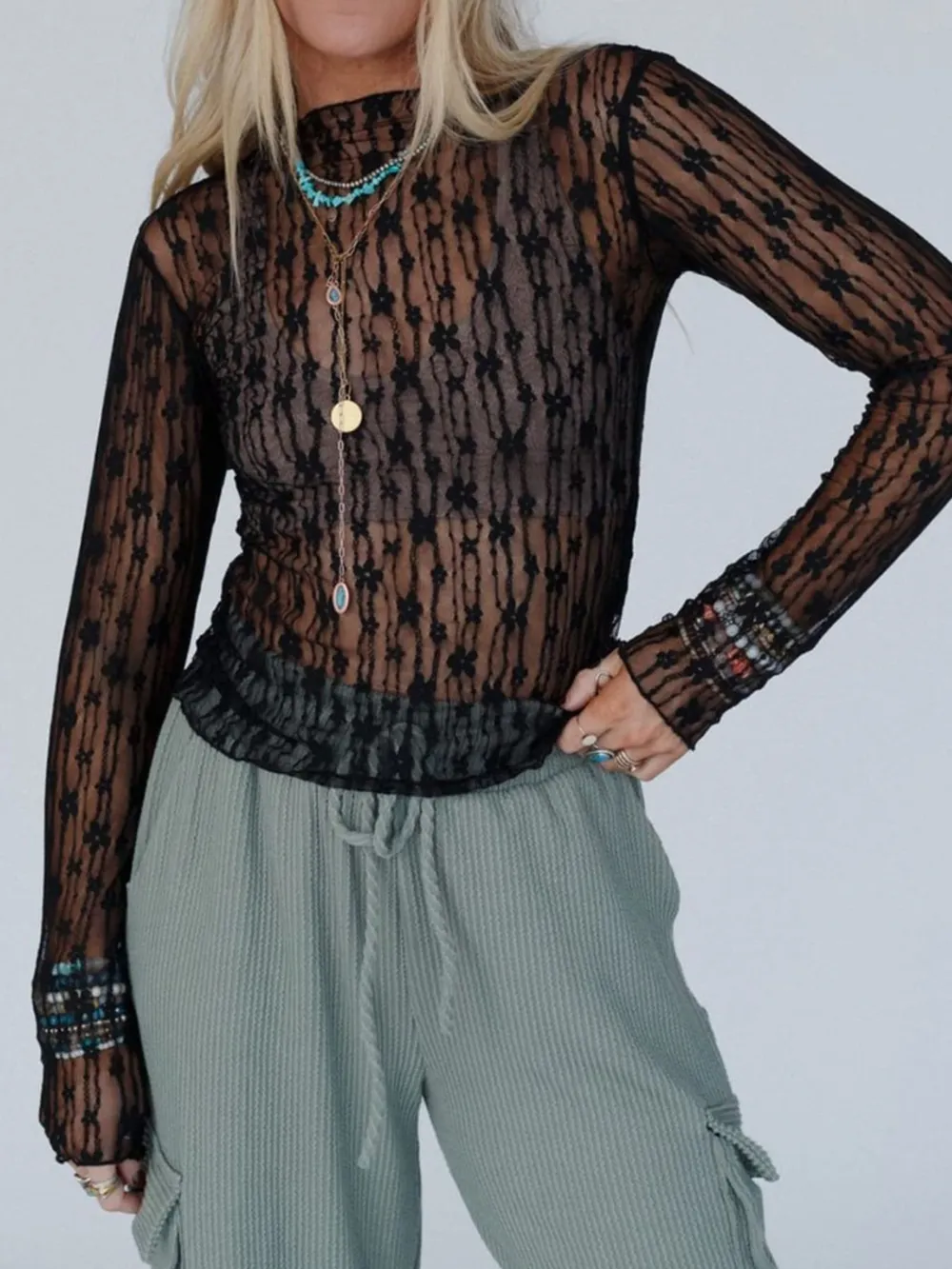 Lace See-Through Long Sleeve Blouse, image 11