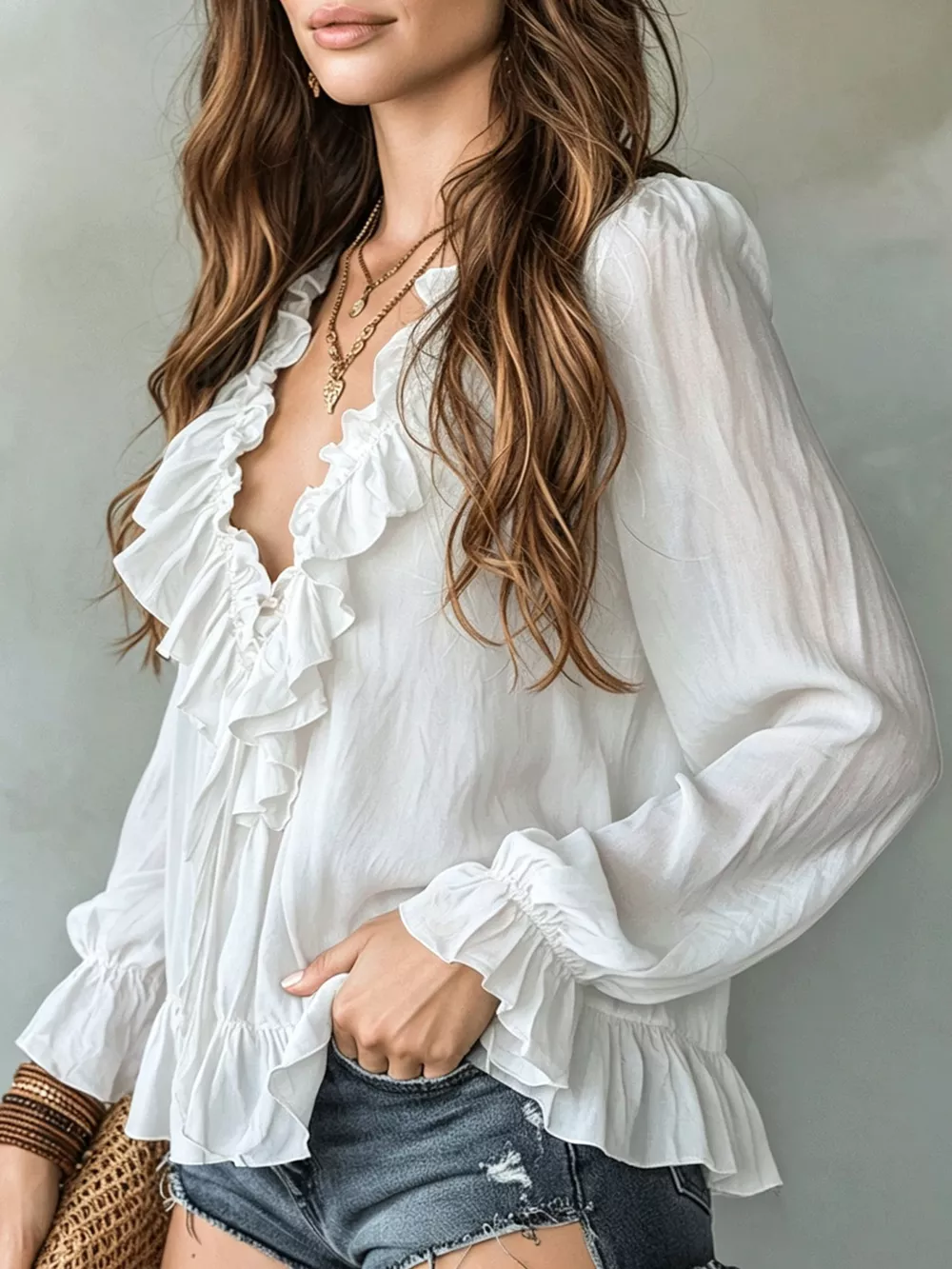 Ruffle V-Neck Long Sleeve Blouse, image 3