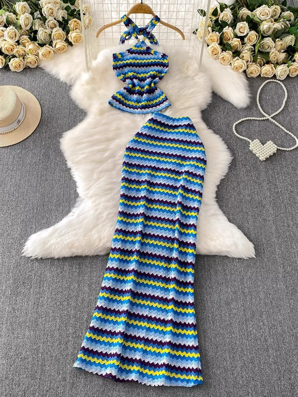 Striped Knitted Halter Top and Maxi Skirt Set