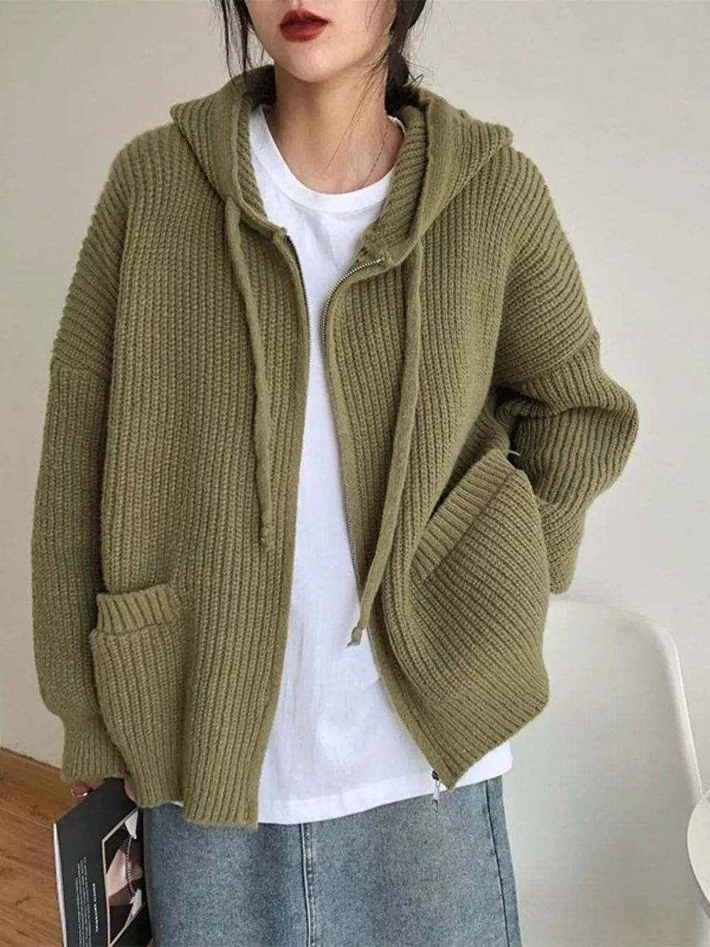 Casual Knitted Zip-Up Hooded Cardigan