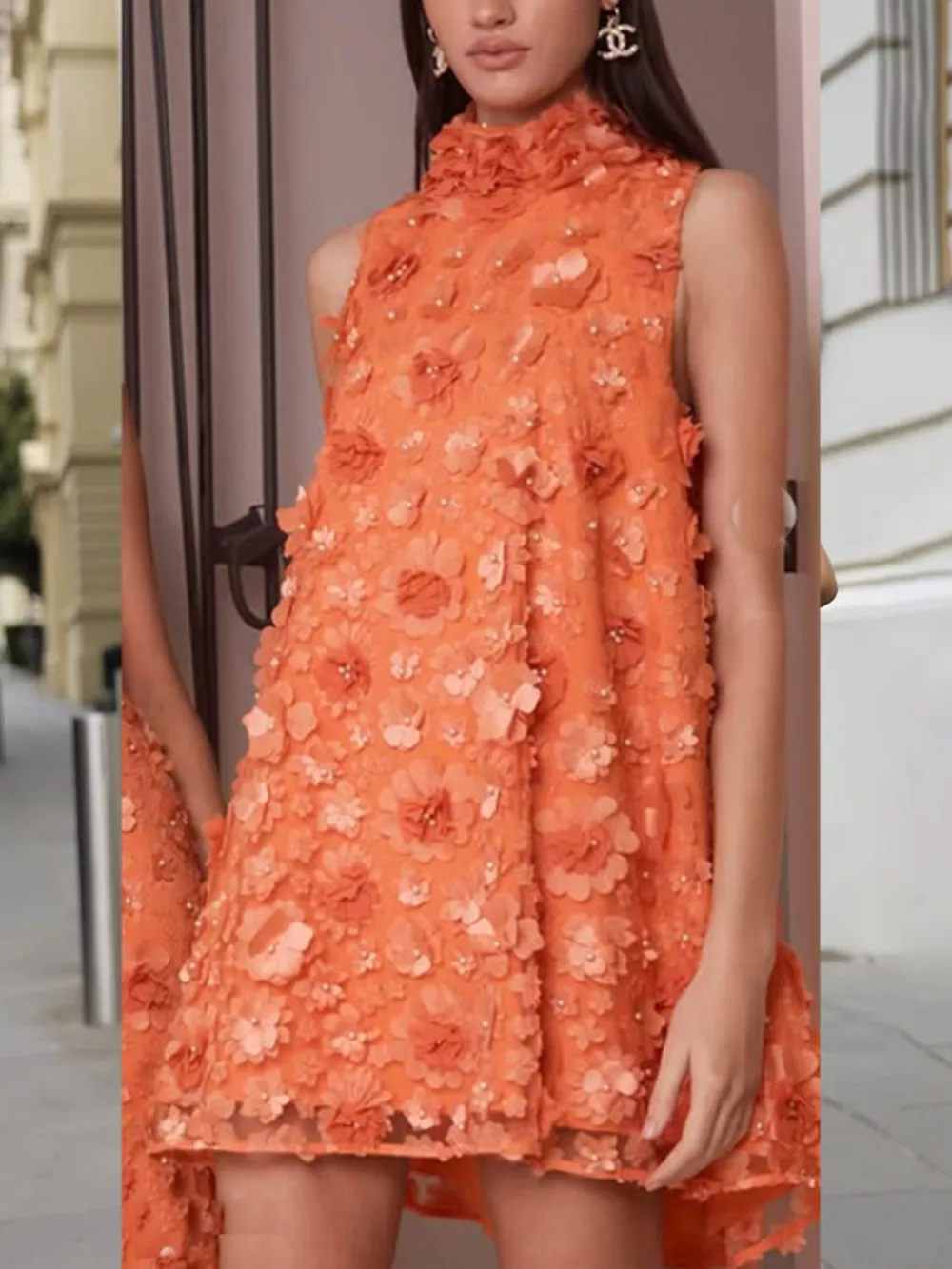 Floral Applique High Neck Sleeveless Mini Dress, image 2