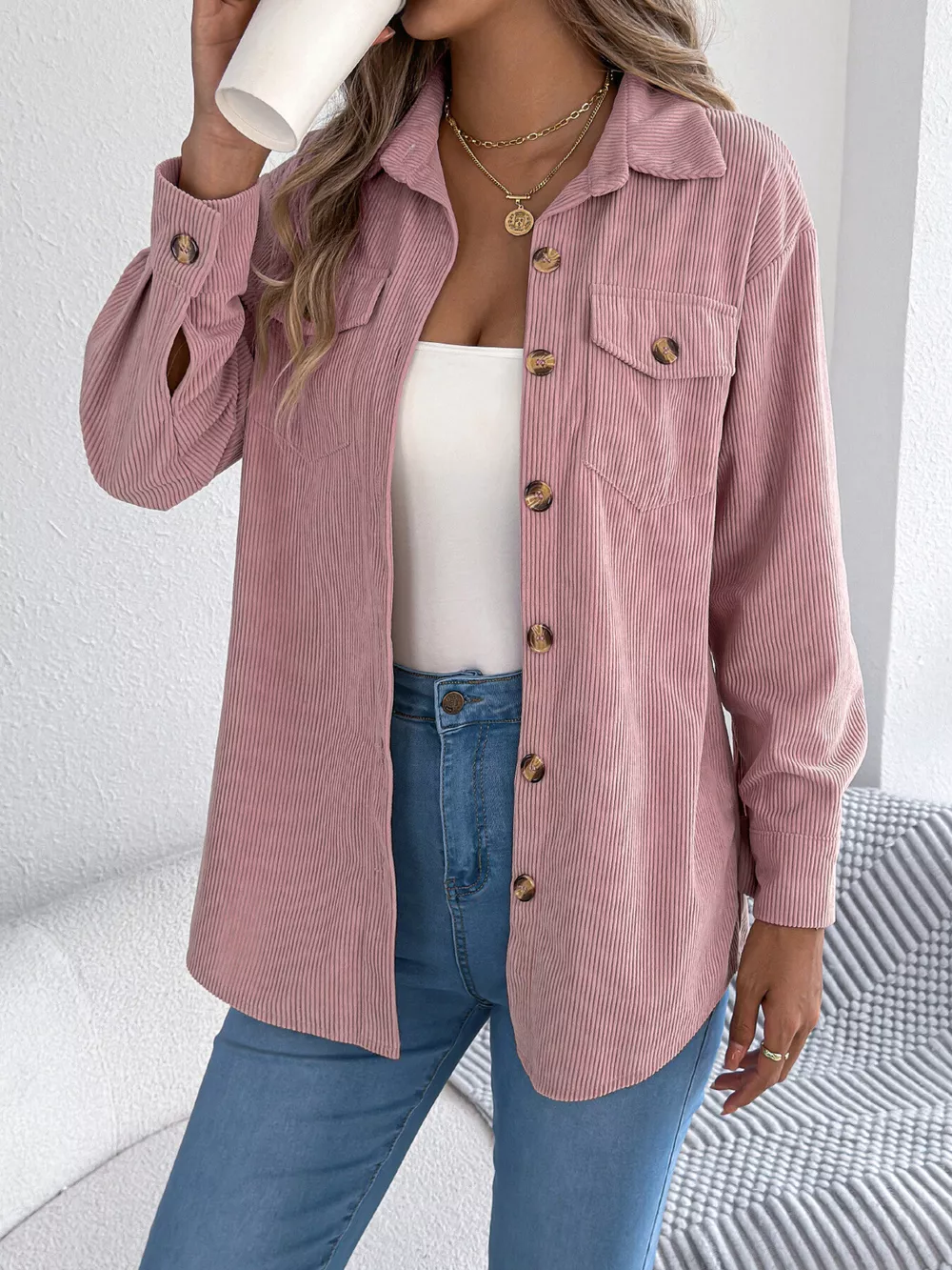 Casual Corduroy Button-Up Shacket, image 10