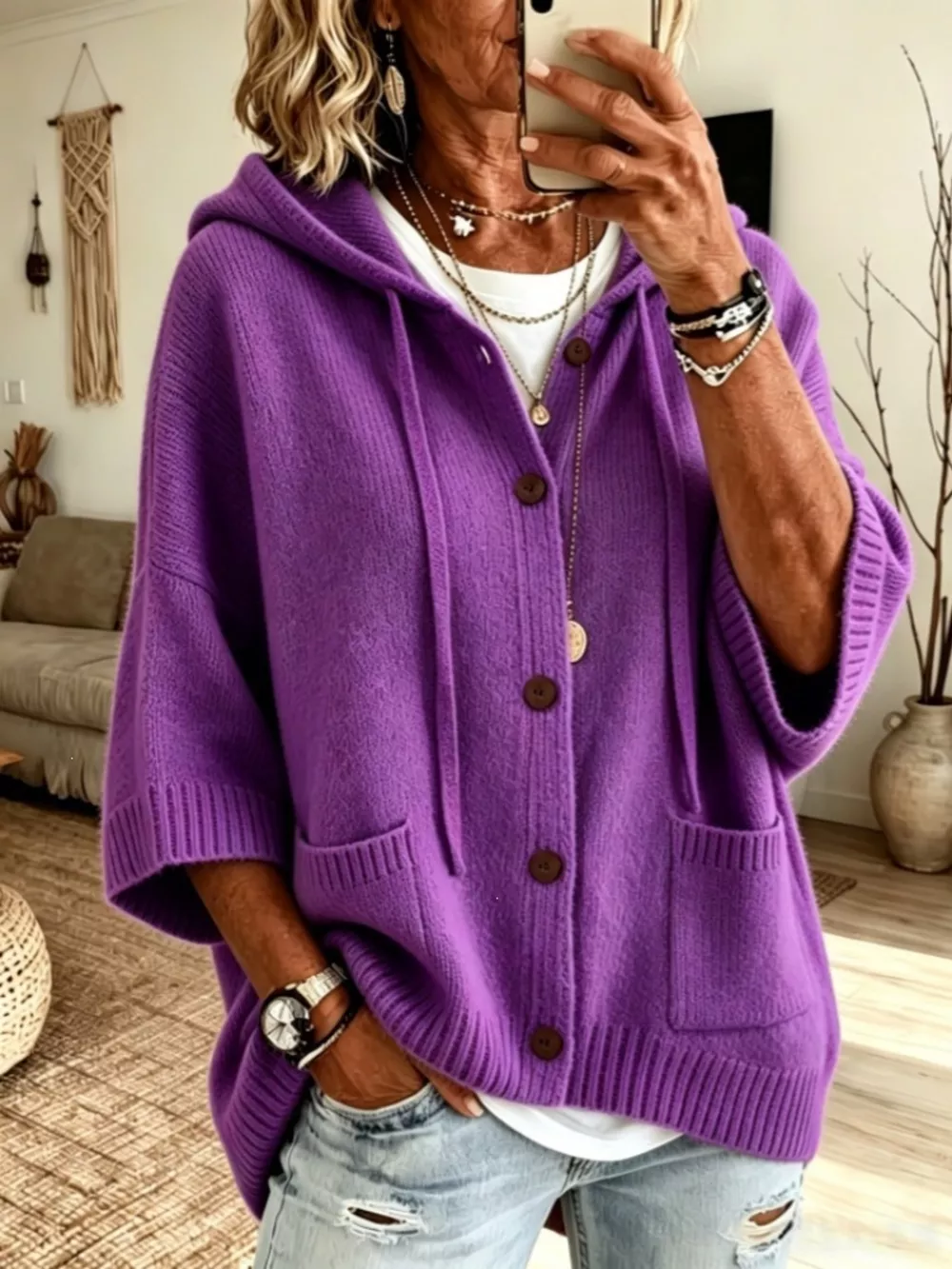 Hooded Button-Down Knit Cardigan, image 16