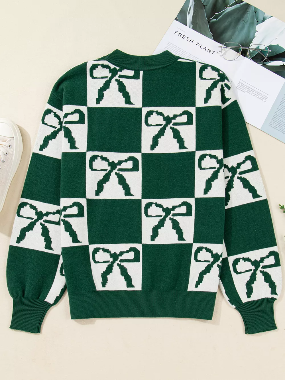 Checkered Bow Round Neck Casual Sweater, image 12