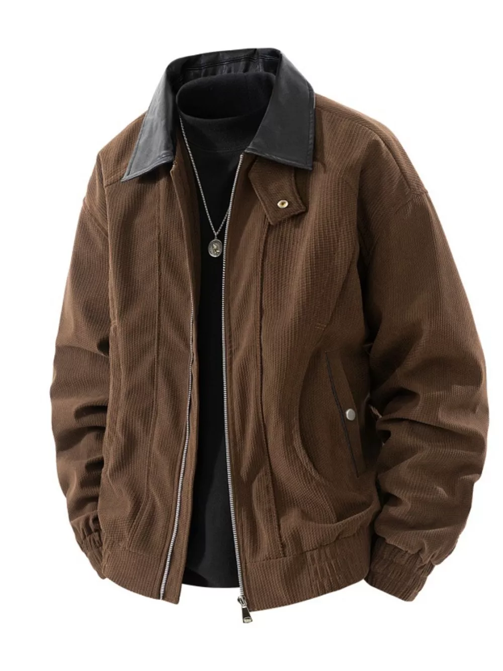 Men's Plus Size Zip Up Corduroy Jacket with Leather Collar, image 2