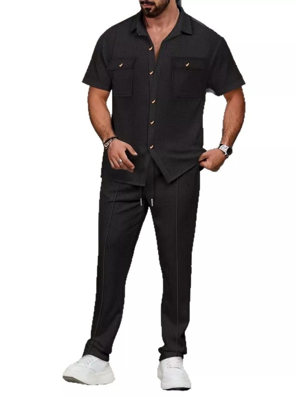 Men's Full Size Casual Short Sleeve Shirt and Pants Set Plus Size, image 2