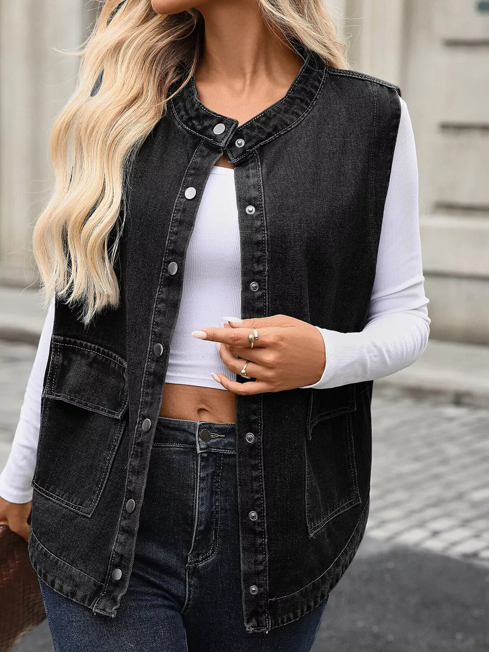 Snap Down Sleeveless Denim Jacket, image 3