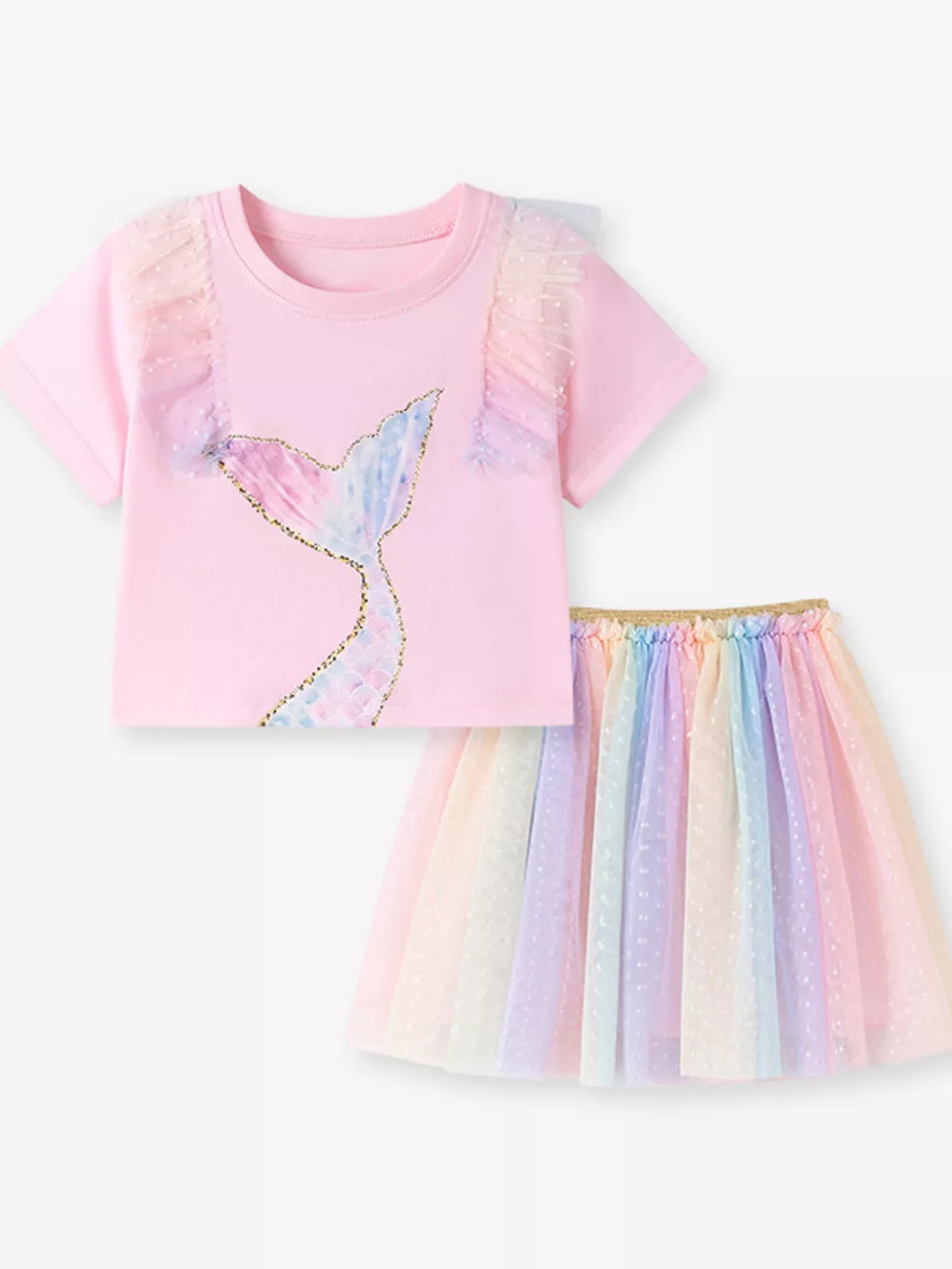 Children's Mermaid Tail Tee & Rainbow Tulle Skirt Set, image 5