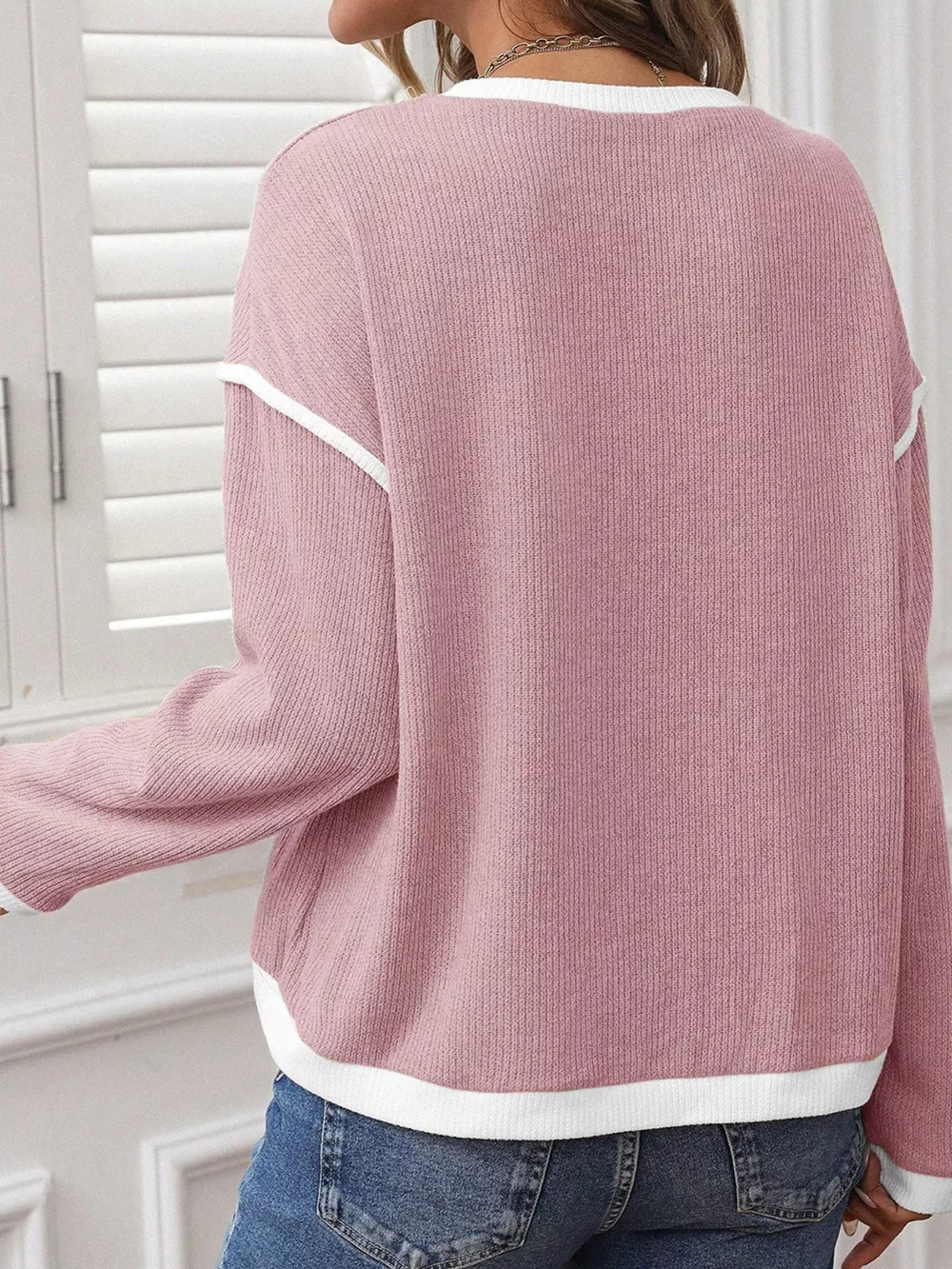 Contrast Color Trim Knit Drop Shoulder Loose Top, image 7