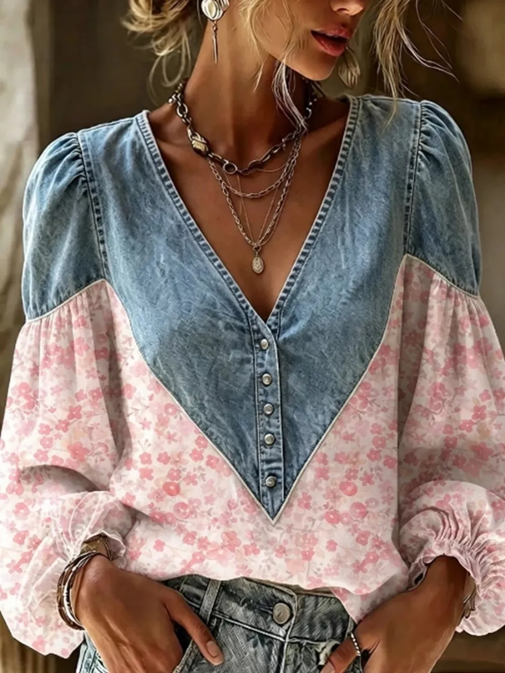 Full Size Denim Patchwork Floral Denim Top Plus Size, image 5