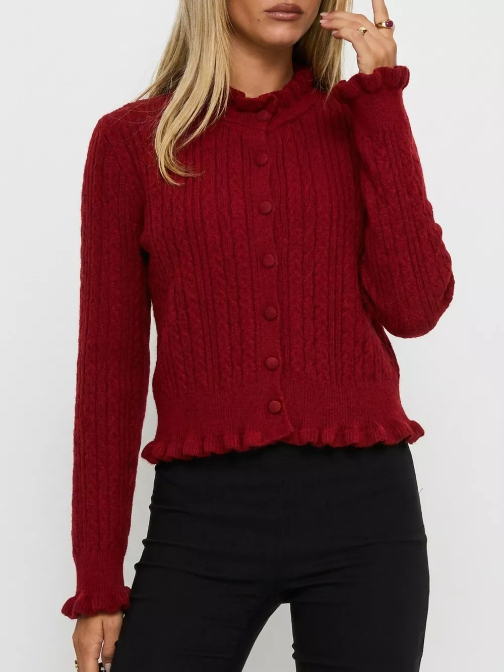 Cable-Knit Ruffle-Trim Cardigan, image 15