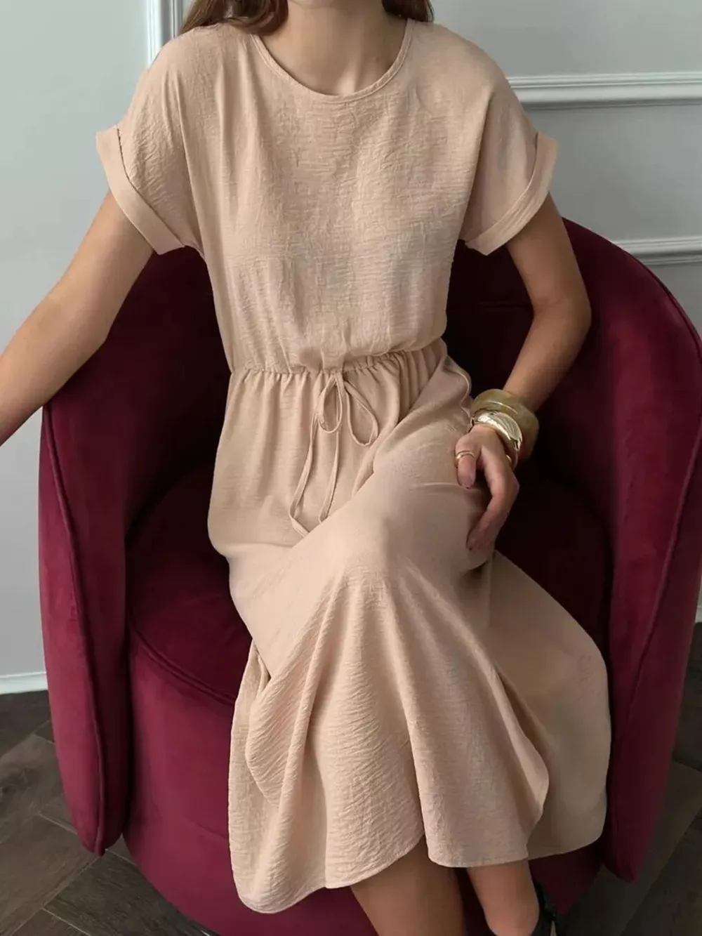 Casual Drawstring Waist Midi Dress, image 2