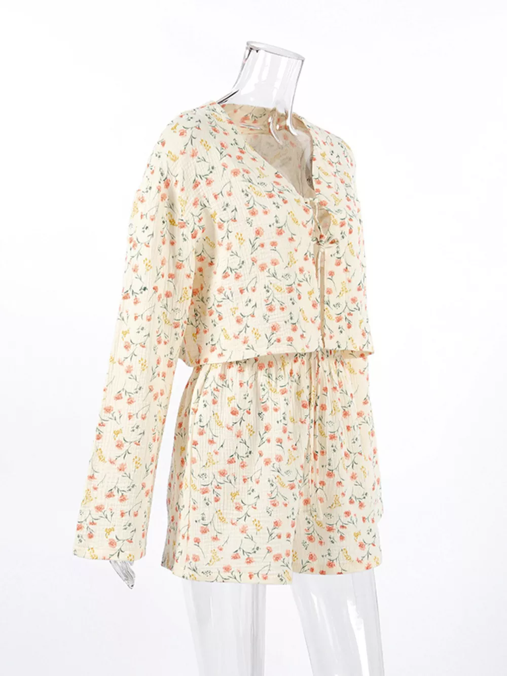 Floral Print Crinkle Texture Tie-Front Top and Shorts Set, image 6
