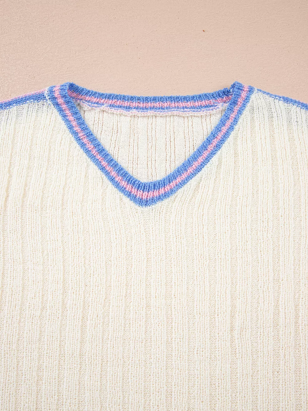 Striped V Neck Dolman Sleeve Rib Knit Oversized Sweater with Slits, image 11