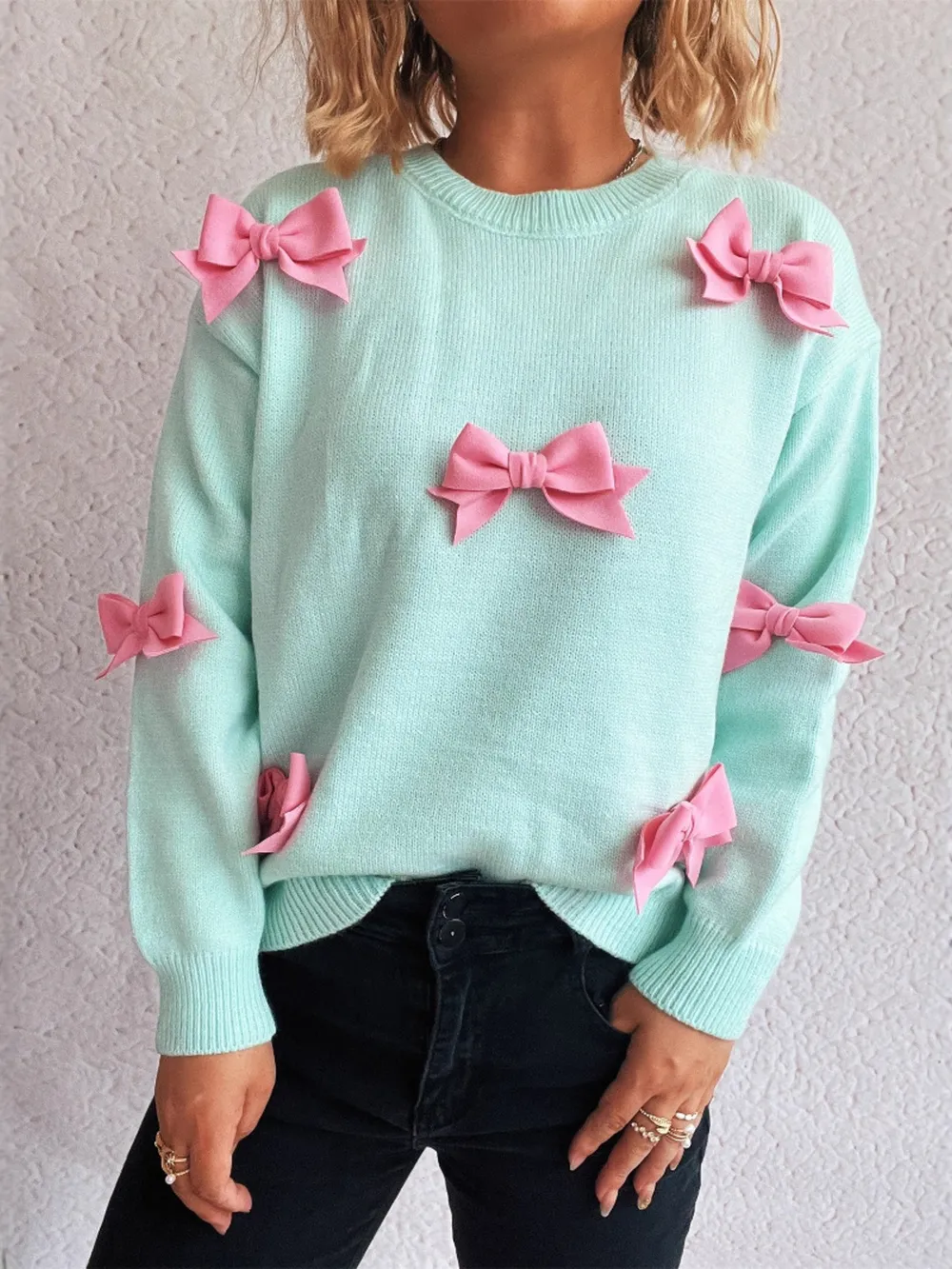 Bow Round Neck Long Sleeve Sweater