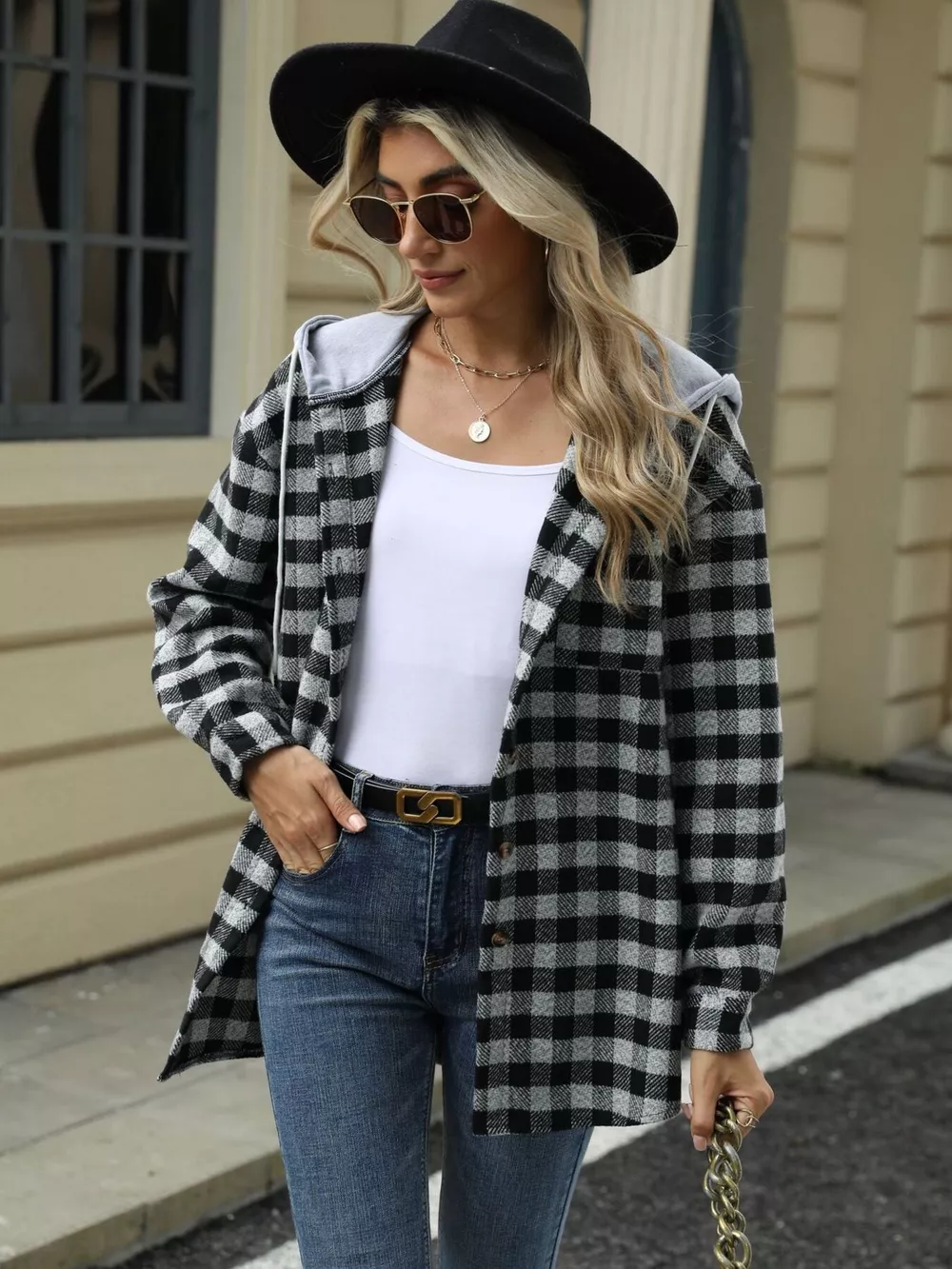 Plaid Button Up Long Sleeve Drawstring Hooded Jacket, image 7