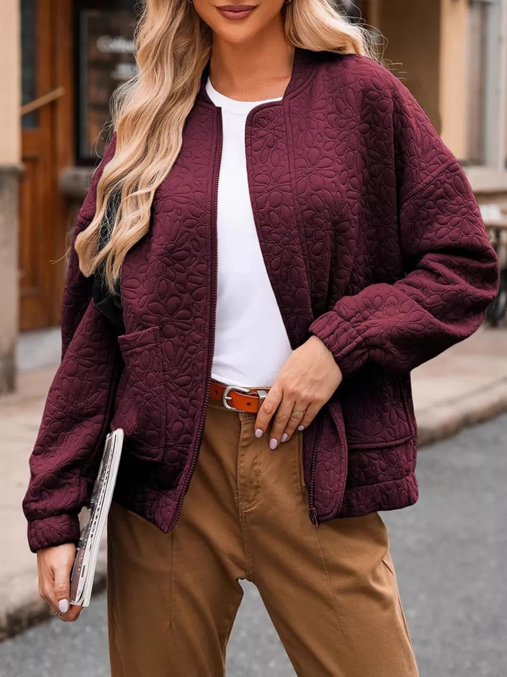 Full Size Floral Quilted Zip Up Jacket Plus Size, image 13