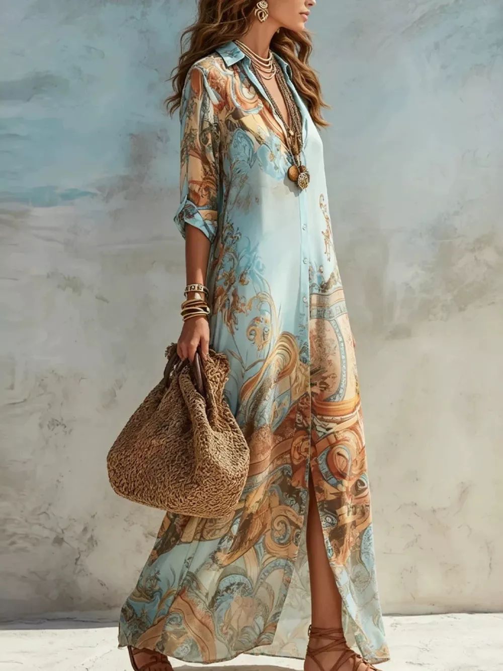 Full Size Printed Button-Down Maxi Shirt Dress Plus Size, image 2