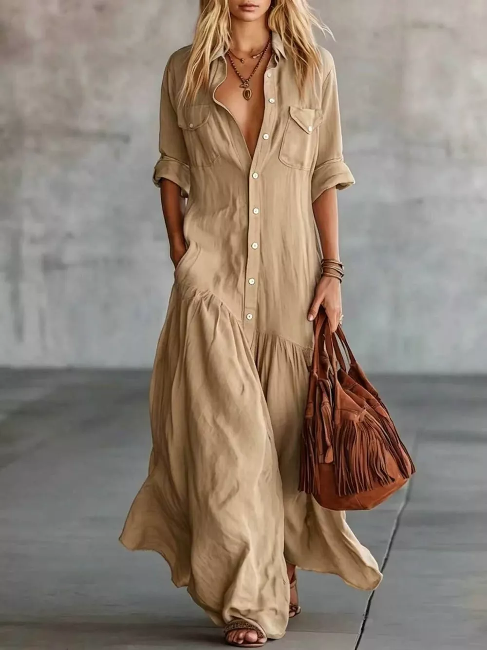 Full Size Button Front Roll-Up Sleeve Maxi Dress Plus Size, image 7