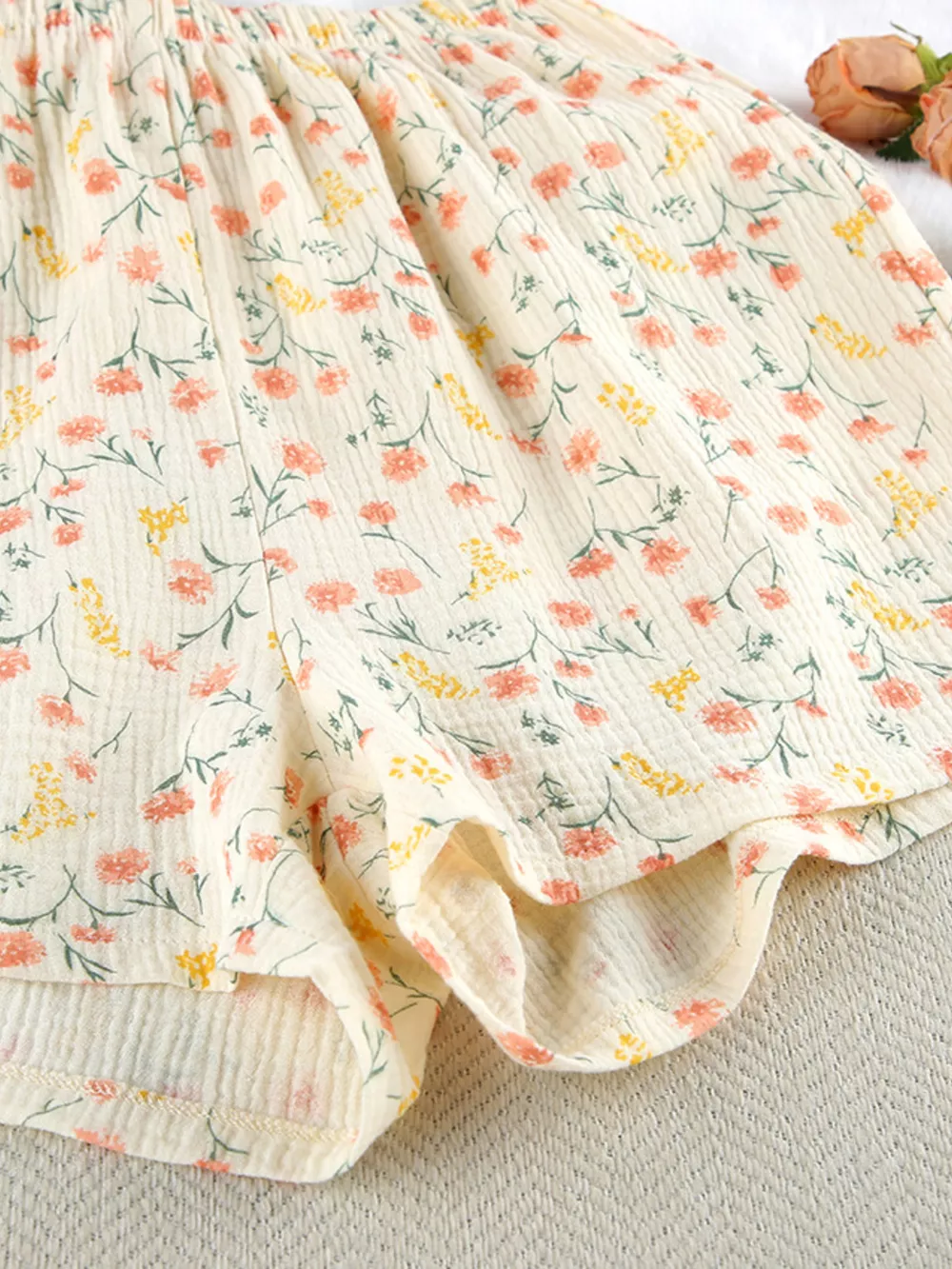 Floral Print Crinkle Texture Tie-Front Top and Shorts Set, image 8