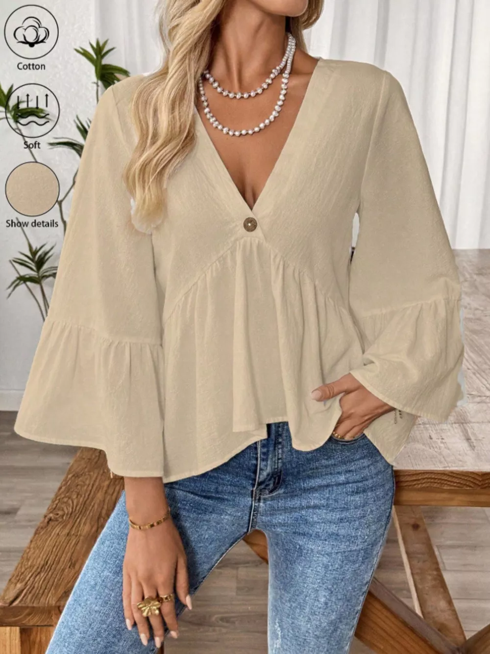 V-Neck Bell Sleeve Blouse, image 7
