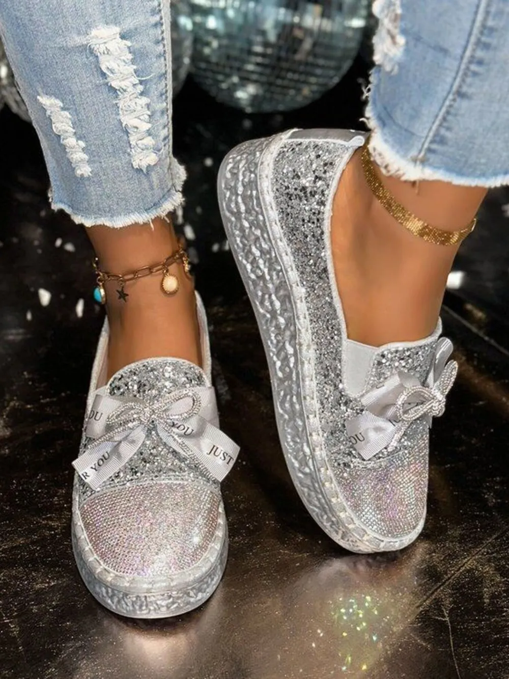 Rhinestone Bow Round Toe Slip-Ons, image 8